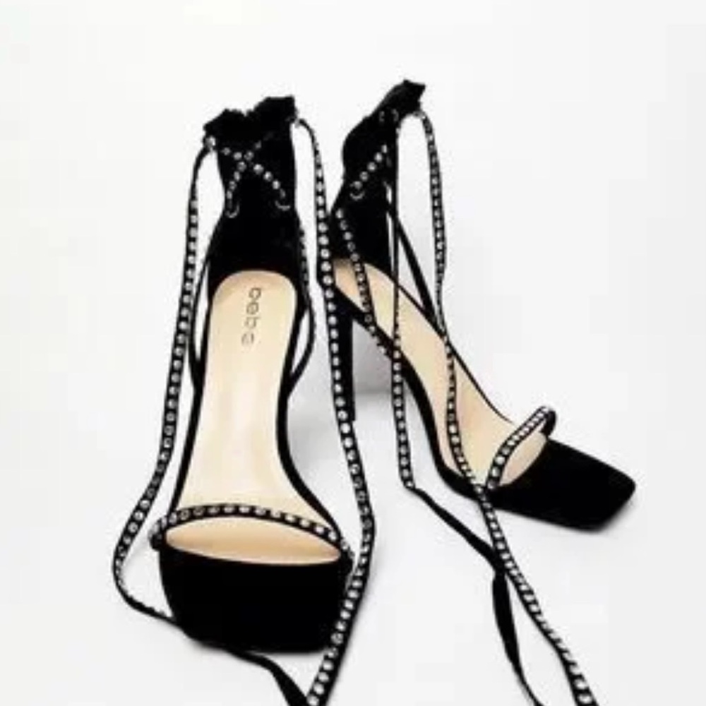 Bebe Black Rhinestone Strappy Heels